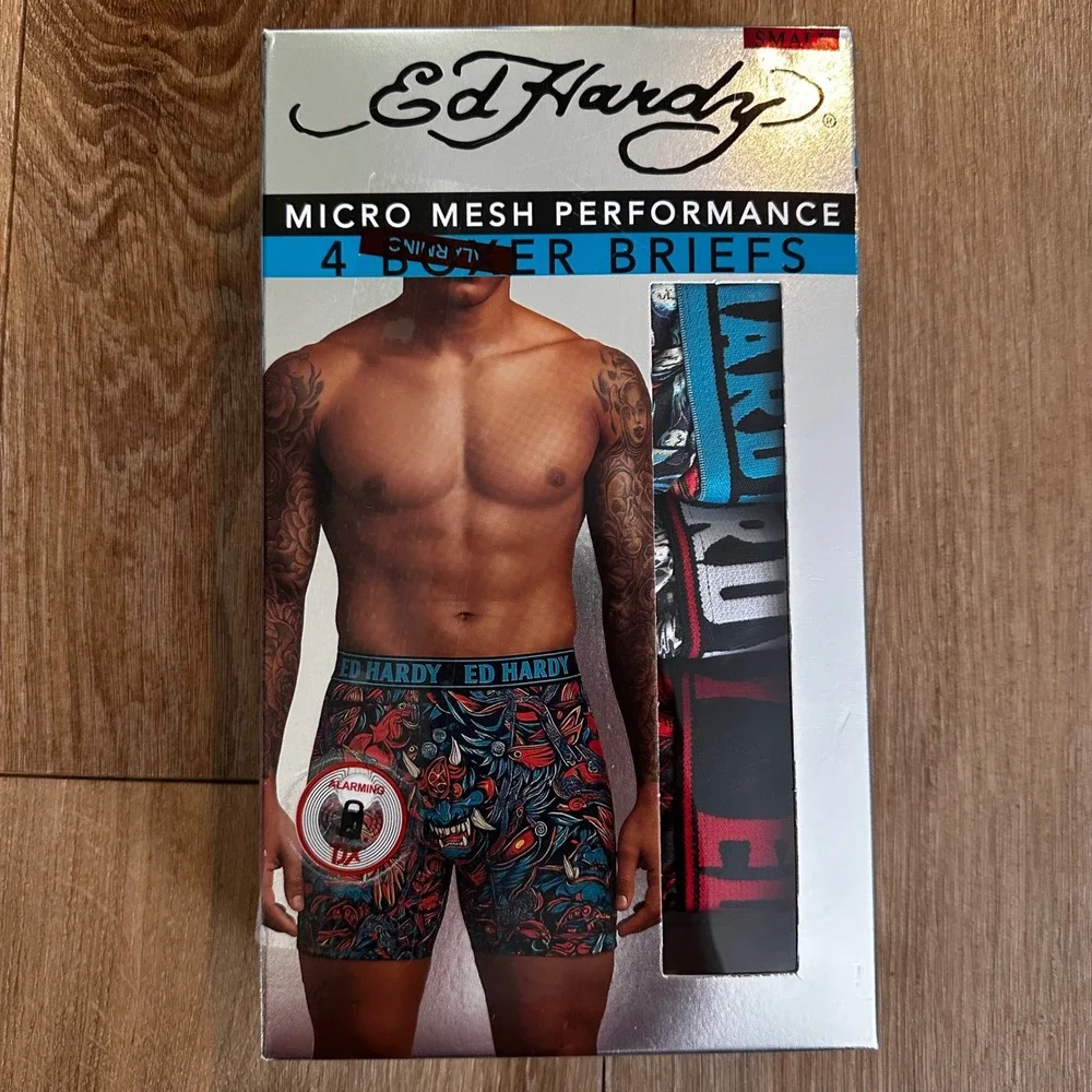Ed Hardy Mens 4 Pack Micro Mesh Performance Boxer Briefs Tattoo Print S 28-30